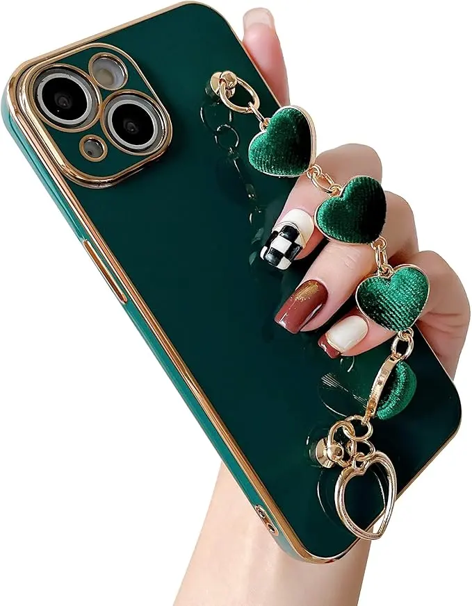 Caseative Funda para iPhone 14 Plus, correa de muñeca de corazón chapado en amor, pulsera de cadena, funda suave para mujeres y niñas (verde, 14 Plus)